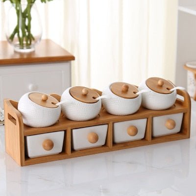 Kitchen Accessories 1-7pcs/Set Ceramic Seasoning Pot Set Wooden Tray Spice Jar With Wood Lid Seasoning Box Salt Shaker - Whizmeal : Together we shape a healthier generation