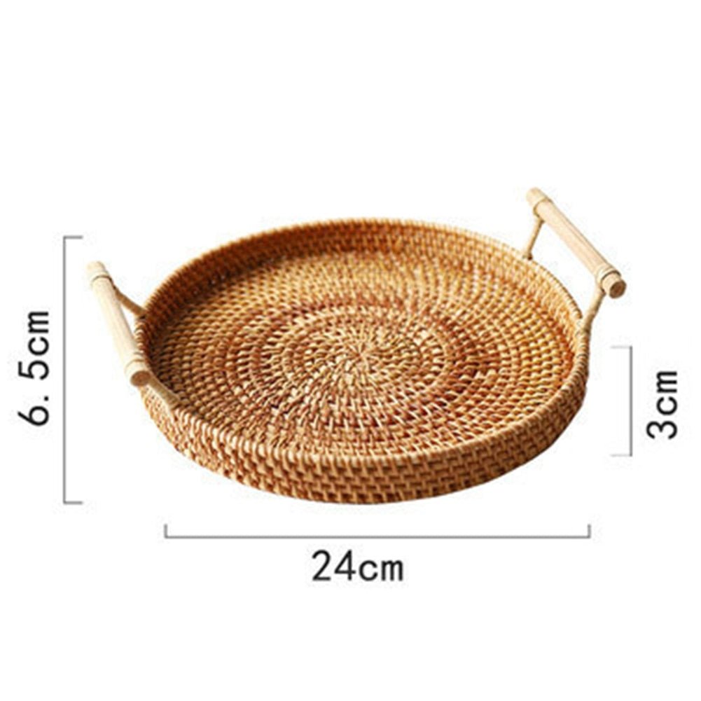 Hand-Woven Round Rattan Tray With Wooden Handle Wicker Basket Bread Snack Plate Fruit Cake Platter Fruit Food Storage Tea Trays - Whizmeal : Together we shape a healthier generation