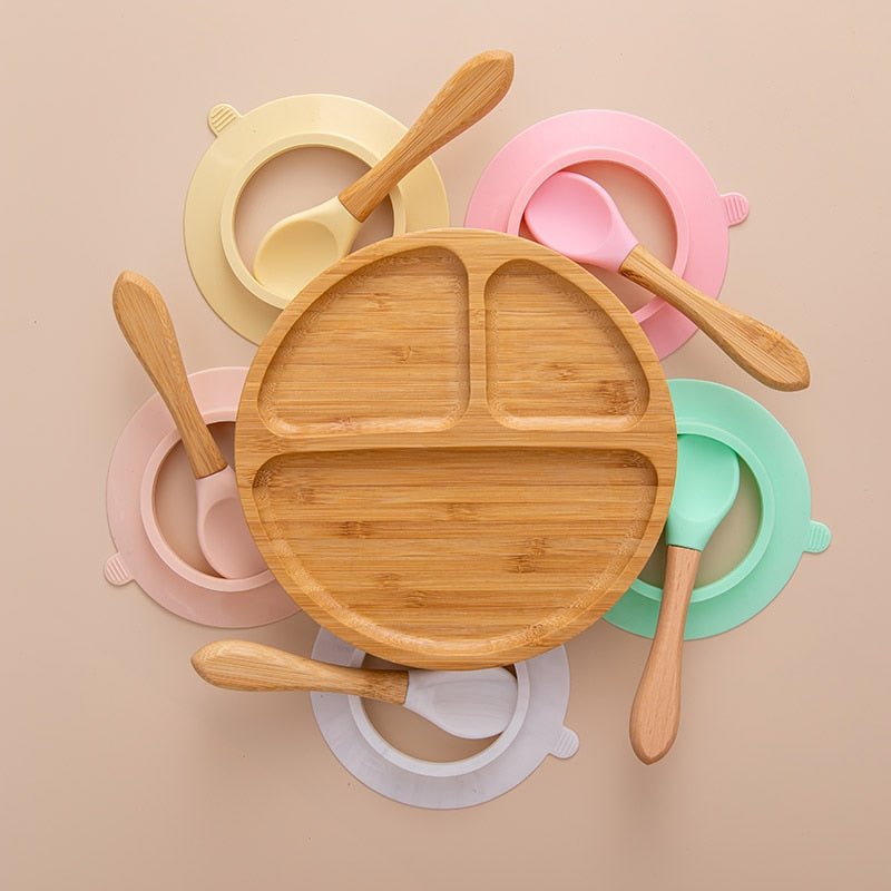 1set Baby Feeding Bamboo Bowl With Spill Proof Silicone Spoon Baby Dinner Plate Feeding Dinnerware Toddler Infant Tableware Set - Whizmeal : Together we shape a healthier generation