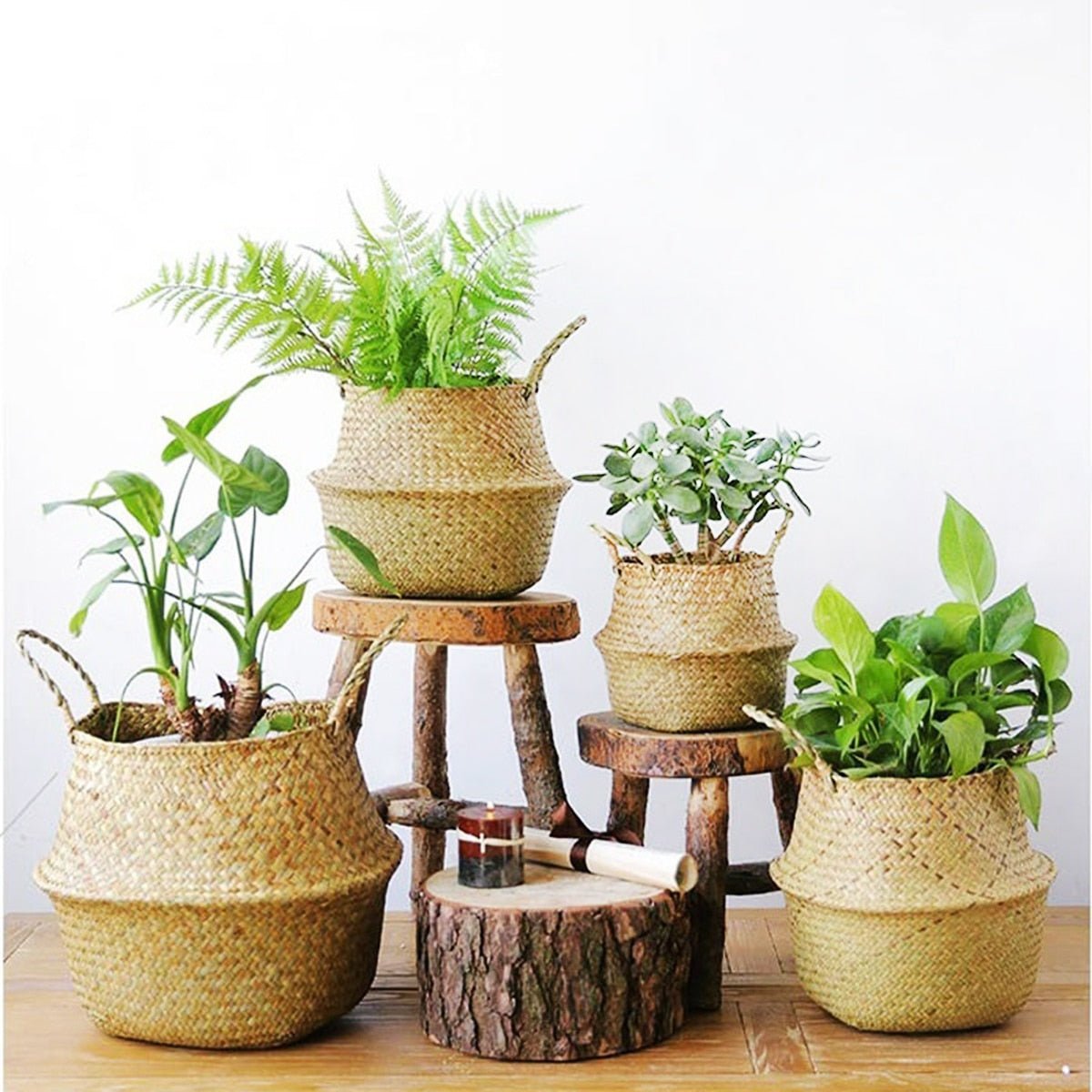 Natural Seaweed Woven Straw Basket Storage Pot Garden Flower Vase Hanging Picnic Basket Foldable Storage Basket Home Decor - Whizmeal : Together we shape a healthier generation