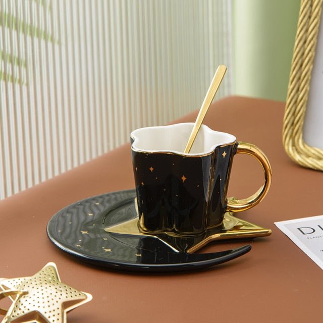 Creative Ceramic Star Moon Coffee Cup And Saucer With Spoon Golden Handle Mug Afternoon Tea Cup Juice Water Drinks Cup Porcelain - Whizmeal : Together we shape a healthier generation